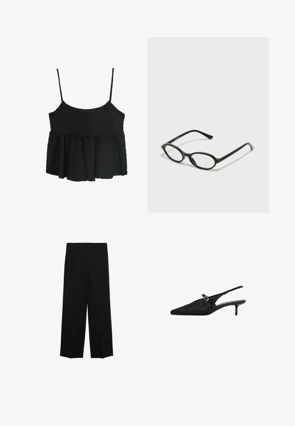 Black peplum top with thin adjustable straps. Textured, crinkled fabric, fitted bodice, flared lower section, no visible hardware or patterns.; Black wide-leg trousers with a smooth fabric, featuring pleats at the front and side pockets, designed with a straight, relaxed cut.; Black slingback heels with pointed toes, textured mesh upper, slim adjustable strap with silver buckle, and 5 cm stiletto heels.; Black oval-frame glasses with translucent purple accents on the lenses. Frames have a matte finish and slender, straight temples.; Black leather handbag with a curved shape, detachable strap, and gold hardware. The bag features a flap with a buckle detail.