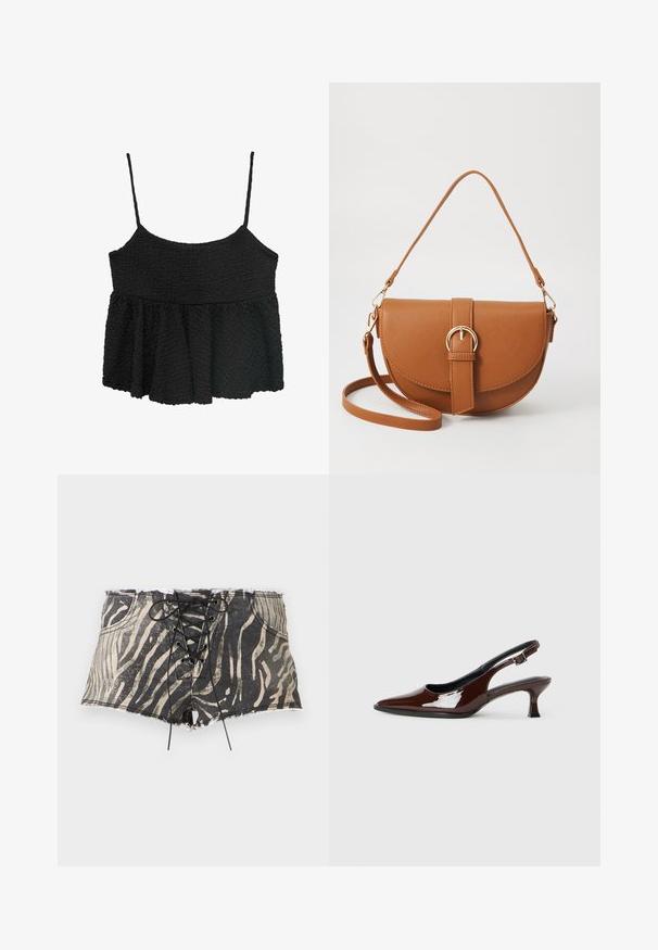 Black peplum top with thin adjustable straps. Textured, crinkled fabric, fitted bodice, flared lower section, no visible hardware or patterns.; Denim shorts with a black and beige zebra print, featuring a lace-up front, frayed hem, and pockets on each side.; Brown patent leather slingback shoe with a pointed toe and a moderate heel. Features a buckle strap for secure fit. Smooth texture.; Brown leather crossbody bag with a curved shape, gold hardware, and a buckle accent. Features a detachable shoulder strap.