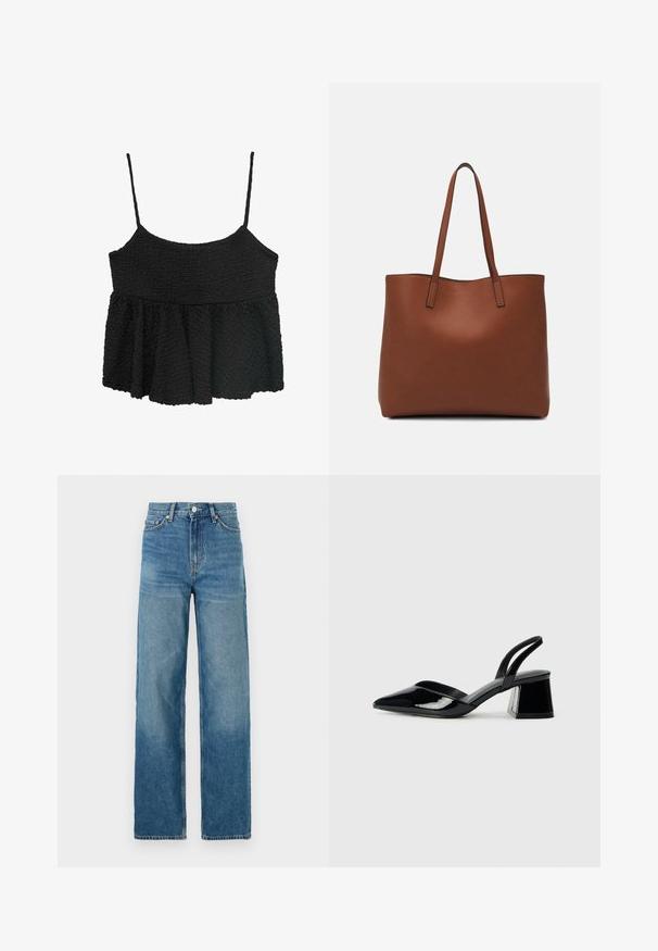 Black peplum top with thin adjustable straps. Textured, crinkled fabric, fitted bodice, flared lower section, no visible hardware or patterns.; Light blue denim jeans with a high waist, wide leg, and subtle fading at the bottom. Features classic front pockets and metal hardware.; Black patent leather slingback heels with a pointed toe and a geometric block heel. Features a sleek, minimal design and smooth texture.; Brown leather tote bag with a smooth texture, open top design, and two shoulder straps. Features minimal stitching and no visible hardware.