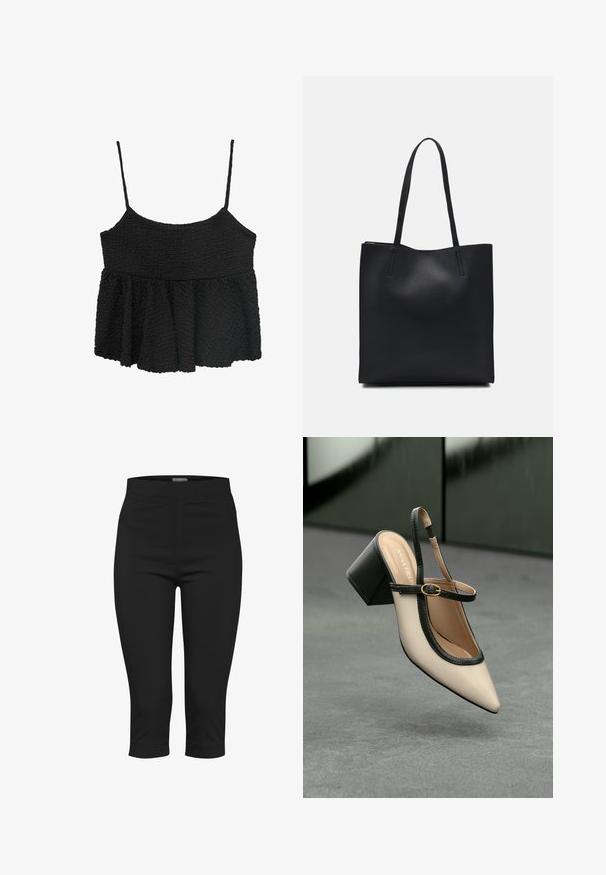 Black peplum top with thin adjustable straps. Textured, crinkled fabric, fitted bodice, flared lower section, no visible hardware or patterns.; Black capri pants made of stretchable fabric. Features a fitted waistband, side pockets, and a cropped length with a smooth texture.; Beige high-heeled slingback shoe with pointed toe, black trim, and buckle detail. Smooth material with a matte finish, medium block heel.; Black leather tote bag with smooth texture, rectangular shape, and two long handles. No visible hardware or embellishments.