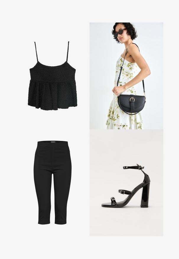Crni peplum top s tankim podesivim trakama. Teksturovana, naborana tkanina, priljubljen bodice, lepršavi donji deo, bez vidljivih metalnih delova ili uzoraka.; Crne capri hlače izrađene od rastezljivog materijala. Imaju nisku struk, bočne džepove i skraćenu dužinu s glatkom teksturom.; Crne lakirane sandale na pete sa kvadratnim nosom, trakama oko gležnja i srebrnim kopčama. Imaju čvrst blok petu za stabilnost.; Crna kožna torba s lukovitim oblikom, odvojivim remenom i zlatnim detaljima. Torba ima preklop s kopčom.