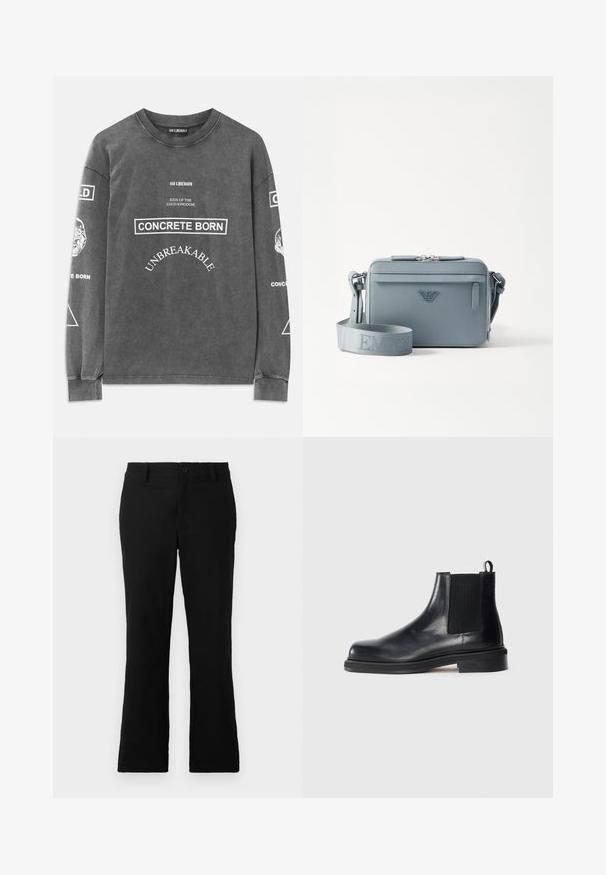 Dark gray long-sleeve shirt with white text "HAN KJØBENHAVN," "KIDS OF THE LOUD KINGDOM," "CONCRETE BORN," and "UNBREAKABLE" on front.; Black flared trousers made of cotton blend fabric, featuring a button closure, belt loops, and a smooth texture with no visible patterns.; Black leather Chelsea boot with elastic side panel, round toe, pull tab at heel, and low stacked sole on plain background.; Blue structured crossbody bag made of textured material, featuring a zip closure, front pocket, and adjustable strap with "EMPOR" branding.