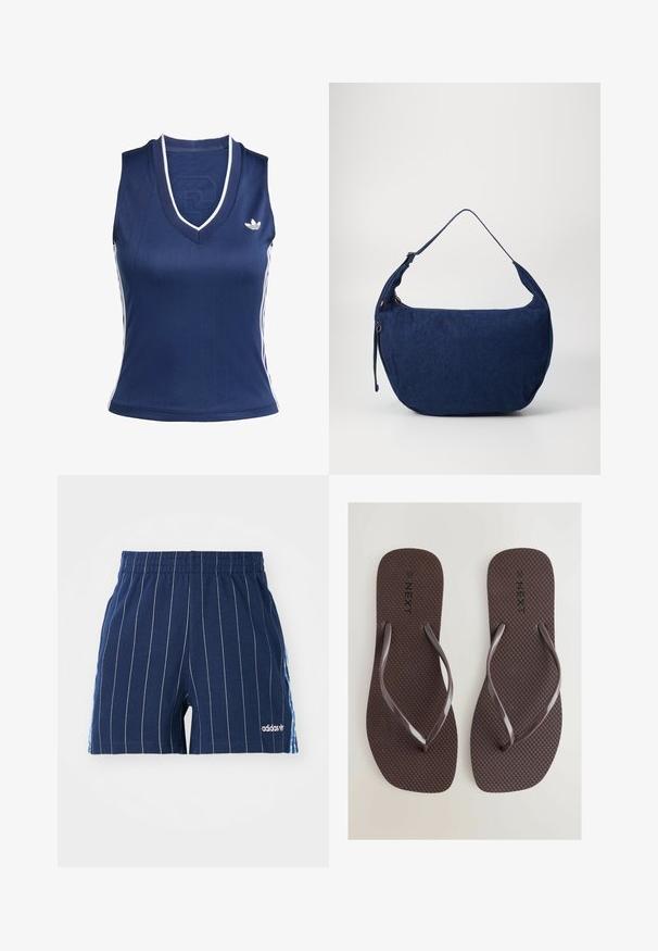Musta hihaton paita V-kaula-aukolla, jossa on pystysuorat raidat ja valkoiset sivuakkentit. Logo näkyy vasemmassa rintakappaleessa.; Laivastonsiniset shortsit, joissa on valkoiset raidat, joustava vyötärö ja Adidas-logo. Sivuille on lisätty sinisiä yksityiskohtia, ja ne on valmistettu puuvillasekoitteesta.; Next SQUARE TOE - Allassandaalit - chocolate brown; Sininen farkkukangasta olkalaukku, jossa on kaareva muoto, säädettävä hihna, vetskari sulku ja hienovarainen pinta. Ominaisuuksiin kuuluu minimalistinen muotoilu ilman näkyvää metalliosaa.