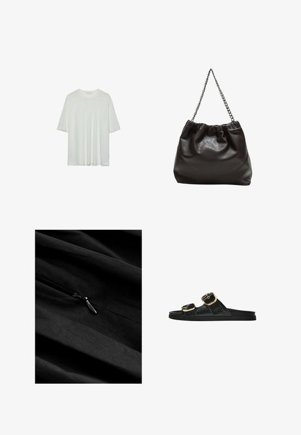 White short-sleeve t-shirt, round neckline, soft cotton blend fabric, relaxed fit, seamless hem, minimalistic design without embellishments.; Black fabric with a smooth texture and a visible zipper. The zipper has a metallic pull tab, blending subtly with the dark material.; Black slide sandal with two gold buckle accents, smooth textured material, flat sole, and a minimalist design.; Brown leather bag with a gathered top and a chain strap. Smooth texture with a glossy finish and subtle seam detailing on the sides.