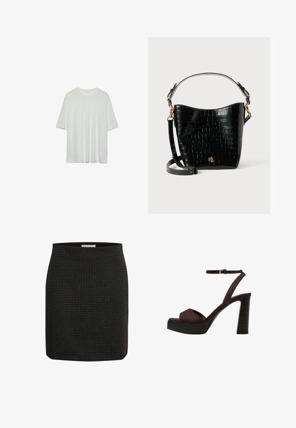 Bílý krátký rukáv tričko, kulatý výstřih, měkká kombinace bavlny, uvolněný střih, bezšvový lem, minimalistický design bez zdobení.; Sukně s černým houndstooth vzorem, s přiléhavým střihem, rovnou siluetou a hladkým povrchem. Obsahuje pasový lem pro zvýšení pohodlí.; Hnědé semišové sandály na vysokém podpatku s otevřenou špičkou, nastavitelným páskem kolem kotníku a proužkovou platformou.; Černá kožená taška s krokodýlím vzorem, zakřiveného tvaru, se zlatými kovovými akcenty, nastavitelným popruhem a logem na přední straně.