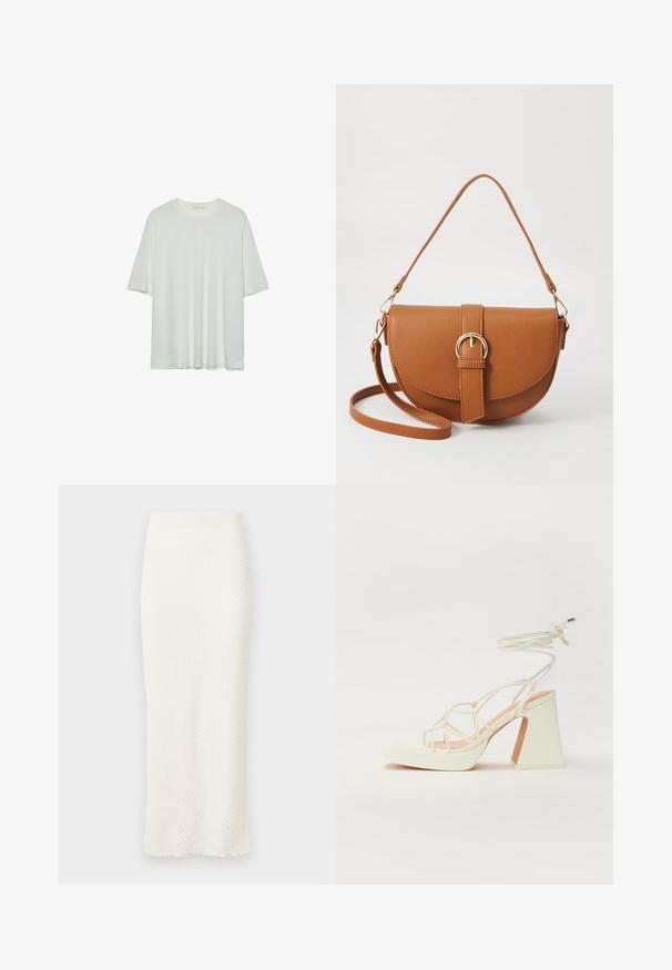Bela majica s kratkimi rokavi, okroglo izrezana, mehka bombažna mešanica, sproščen kroj, brezšivna rob, minimalističen dizajn brez okrasnih elementov.; Svetla midi krila iz teksturiranega blaga, ki ima obliko, ki se prilega, in subtilno valovito robno za dodaten detajl.; Bela sandala na visokih petah s debelim petam, ki ima obliko trakcev in vezanje okoli gležnja. Gladka tekstura z platformo spredaj za dodatno višino.; Rjava usnjena torbica prek telesa s ukrivljeno obliko, zlate opreme in sponko. Ima odstranljiv naramni trak.