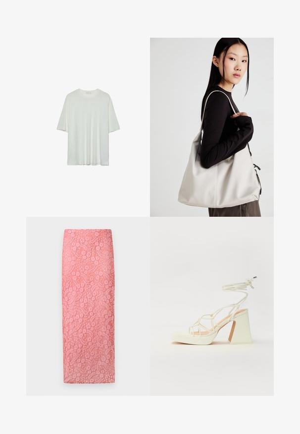 Bílý krátký rukáv tričko, kulatý výstřih, měkká kombinace bavlny, uvolněný střih, bezšvový lem, minimalistický design bez zdobení.; Krajková tužková sukně v světle růžové barvě s květinovým vzorem a texturovaným povrchem; sukně je ke kolenům a má přiléhavý střih.; Bílé sandály na vysokém podpatku s robustním podpatkem, s designem s pásky a zavazováním kolem kotníku. Hladký povrch s platformou vpředu pro zvýšení výšky.; Beige kabelka vyrobená z měkkého materiálu, s volným designem, prošívanými detaily a dvěma ramenními popruhy. Vhodná pro každodenní použití.