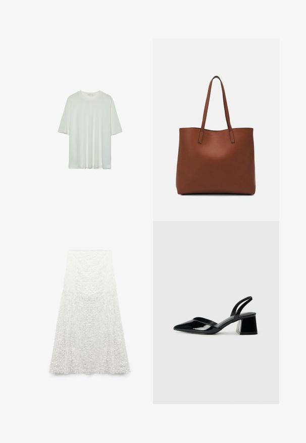 Biała koszulka z krótkim rękawem, okrągły dekolt, miękka tkanina bawełniana, luźny krój, bezszwowy dół, minimalistyczny design bez zdobień.; Biała midi spódnica z teksturowanymi wzorami kwiatowymi, dopasowanym stanem i rozszerzanym dołem. Wykonana z lekkiego materiału, zapewniającego komfort noszenia.; Czarne lakierowane półbuty na obcasie z wydłużonym noskiem i geometrycznym słupkiem. Charakteryzują się eleganckim, minimalistycznym designem oraz gładką fakturą.; Brązowa skórzana torba tote o gładkiej fakturze, z otwartym wierzchem i dwoma ramiączkami. Charakteryzuje się minimalnym przeszyciem i brakiem widocznych elementów metalowych.
