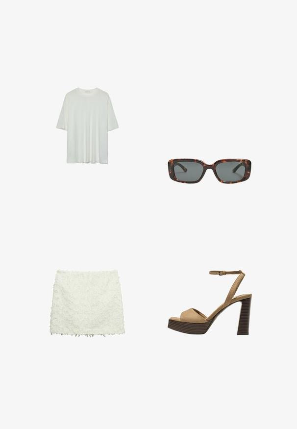 Witte t-shirt met korte mouwen, ronde halslijn, zacht katoenmix stof, relaxte pasvorm, naadloze zoom, minimalistisch ontwerp zonder versieringen.; Witte rok van textuurstof met rafelige randen en een gelaagd, gerimpeld patroon. Ontworpen met een ongevoerde binnenkant.; Beige suède hoge hakken sandalen met een brede voorband en enkelband, met een dikke houten blokhak met een gestructureerde afwerking.; Schildpad zonnebril met rechthoekige glazen, dikke monturen en donkere glazen. Glad oppervlak en minimalistisch ontwerp.