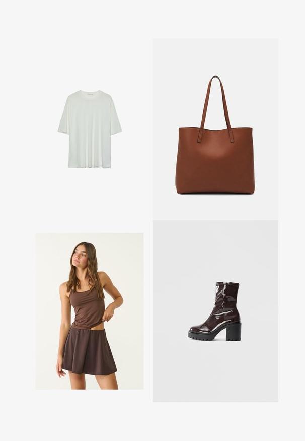 Weißes Kurzarm-T-Shirt, runder Halsausschnitt, weicher Baumwollmischstoff, lockere Passform, nahtsaum, minimalistisches Design ohne Verzierungen.; Braunes Trägershirt und passender Schlagrock, aus weichem, leichtem Stoff gefertigt. Das Oberteil hat dünne Träger und eine figurbetonte Silhouette.; Glatte bordeauxrote Ankle Boots mit einem klobigen schwarzen Absatz, die eine glatte Oberfläche und ein einfaches Design aufweisen. Keine sichtbaren Verschlüsse oder Muster.; Braune Leder-Tote mit glatter Textur, offenem Oberteil und zwei Schulterriemen. Verfügt über minimale Nähte und keine sichtbaren Beschläge.