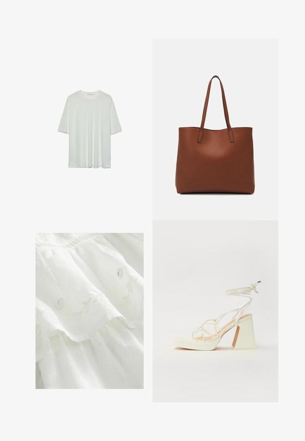 Witte t-shirt met korte mouwen, ronde halslijn, zacht katoenmix stof, relaxte pasvorm, naadloze zoom, minimalistisch ontwerp zonder versieringen.; Witte stoffen jurk met bloemenborduurwerk, gerimpelde zoom en knoopdetails. Zachte textuur met een lichte, vloeiende uitstraling.; Witte hoge hakken sandaal met een chunky hak, met een bandjesontwerp en enkelband. Gladde textuur met een plateau voor extra hoogte.; Bruine leren tote bag met een gladde textuur, een ontwerp met een open bovenkant en twee schouderbanden. Kenmerkt zich door minimale stiksels en geen zichtbare hardware.