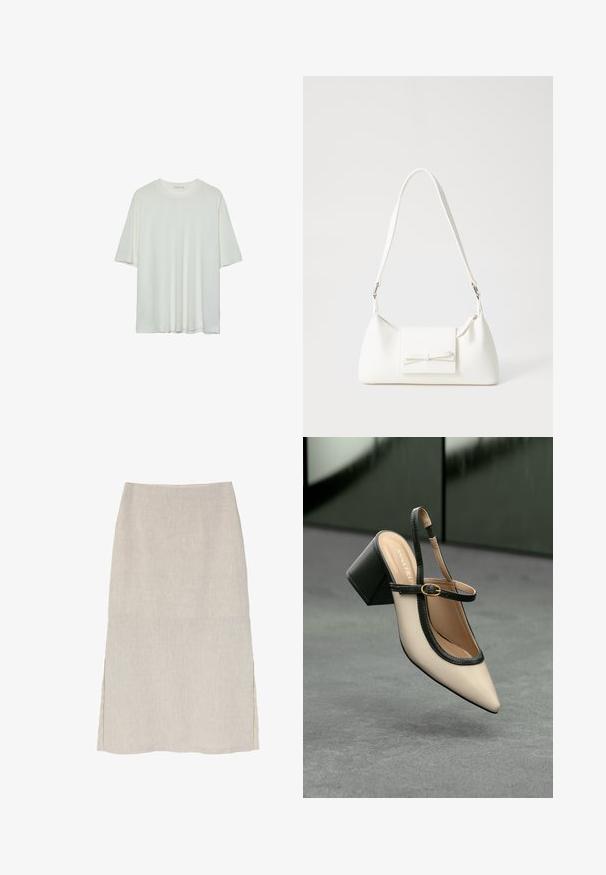 Vit t-shirt med kort ärm, rund halsringning, mjukt bomullsblandat tyg, avslappnad passform, sömlig fåll, minimalistisk design utan utsmyckningar.; Ljusbeige linnkjol med en rak silhuett, sidoflitsar och en subtil texturerad yta. Inga beslag eller utsmyckningar synliga.; Beige spetstoppad slingback-sko med svart kant, guldspänne och en kraftig blockklack på grått golv med mörkgrön bakgrund.; Vit syntetisk handväska med triangulär form, platt framklaff och rosettdetalj, justerbar rem, slät textur och minimalistisk design.