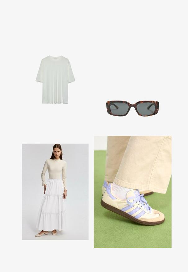 Bijela kratka t-shirtica s kratkim rukavima, okrugli izrez, mekan pamukasti materijal, opušteni kroj, bešavni rub, minimalistički dizajn bez ukrasa.; Bež majica dugih rukava s volanima na manžetama u kombinaciji s bijelom maksi suknjom s naboranim šavovima. Model nosi bež sandale na blok petu.; Kremasto-ljubičaste tenisice s tri pruge i strukturiranim smeškim potplatom, s vezicama i podstavljenim petom. Mekana gornja tkanina.; Smešane sunčane naočale s pravokutnim lećama, debelim okvirom i tamnim lećama. Glatka tekstura i minimalistički dizajn.