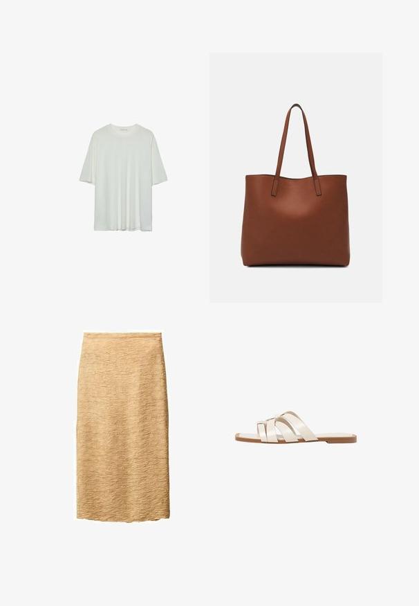 Bílý krátký rukáv tričko, kulatý výstřih, měkká kombinace bavlny, uvolněný střih, bezšvový lem, minimalistický design bez zdobení.; Béžová tužková sukně s texturovaným povrchem, která má jemný vlnitý vzor. Sukně je ke kolenům a je vyrobena z lehké látky.; Ploché sandály s hnědou gumovou podrážkou, navržené se třemi překrývajícími se bílými koženými řemínky a malým mašlí uprostřed.; Hnědá kožená taška přes rameno s hladkou texturou, otevřeným designem a dvěma ramenními popruhy. Obsahuje minimální švy a žádné viditelné kovové prvky.