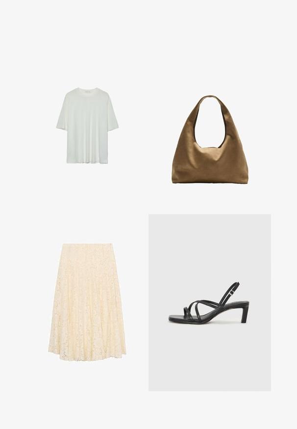 Weißes Kurzarm-T-Shirt, runder Halsausschnitt, weicher Baumwollmischstoff, lockere Passform, nahtsaum, minimalistisches Design ohne Verzierungen.; Cremefarbene Spitzen-Midikleid mit floralem Muster, plissiertem Design und glatter Textur. Der Bund ist flach und die Länge reicht bis unter das Knie.; Schwarze Sandale mit Riemchen, quadratischer Zehenform und niedrigem Blockabsatz. Verfügt über mehrere dünne Riemen und einen verstellbaren Knöchelriemen. Hergestellt aus glattem Leder.; Braune Stoffschultertasche mit einem breiten, runden Körper und einem großen Ausschnittgriff. Sanfte Textur, minimalistisches Design und keine sichtbaren Beschläge.