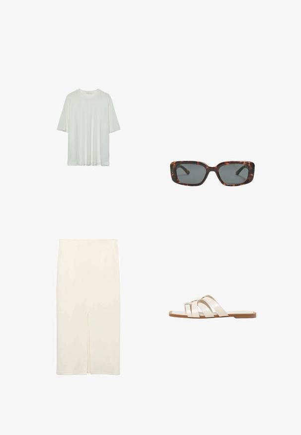 Weißes Kurzarm-T-Shirt, runder Halsausschnitt, weicher Baumwollmischstoff, lockere Passform, nahtsaum, minimalistisches Design ohne Verzierungen.; Cremefarbene Midirock mit taillierter Passform, versehen mit einem vorderen Schlitz für zusätzlichen Akzent, hergestellt aus glattem Stoff mit feiner Textur.; Flache Sandalen mit einer honigfarbenen Gummisohle, gestaltet mit drei überlappenden weißen Lederriemen und einem kleinen Schleifendetail in der Mitte.; Sonnenbrille im Schildpatt-Design mit rechteckigen Gläsern, dicken Rahmen und dunkelgetönten Gläsern. Glatte Textur und minimalistisches Design.