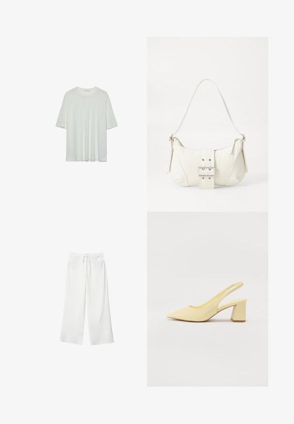 White short-sleeve t-shirt, round neckline, soft cotton blend fabric, relaxed fit, seamless hem, minimalistic design without embellishments.; White wide-leg pants made of soft fabric, featuring a drawstring waist and two front pockets. Smooth texture and no visible patterns.; Beige pointed-toe slingback pump with a block heel, smooth finish, and elastic strap detail against a plain background.; White shoulder bag with a textured finish, a central buckle accent, and a curved shape. Zipper closures on both sides.