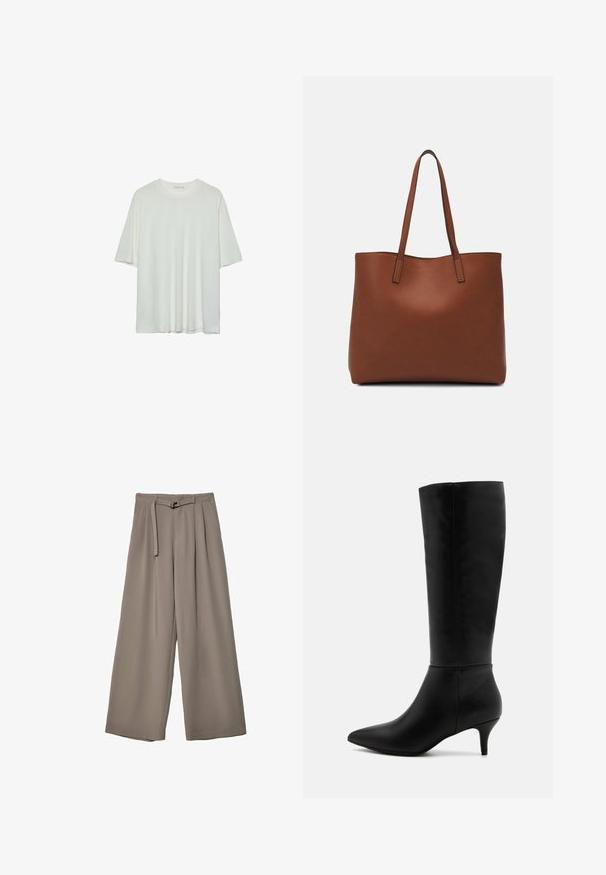 Bijela kratka t-shirtica s kratkim rukavima, okrugli izrez, mekan pamukasti materijal, opušteni kroj, bešavni rub, minimalistički dizajn bez ukrasa.; Široke hlače u mekoj, prigušenoj sivoj tkanini, s remenom na struku i plisiranim detaljima za dodatni dizajn. Glatka tekstura, bez uzoraka.; Anna Field Čizme - black; Smeđa kožna torba preko ramena s glatkom teksturom, otvorenim vrhom i dvjema naramenicama. Ima minimalne šavove i nema vidljivog hardvera.