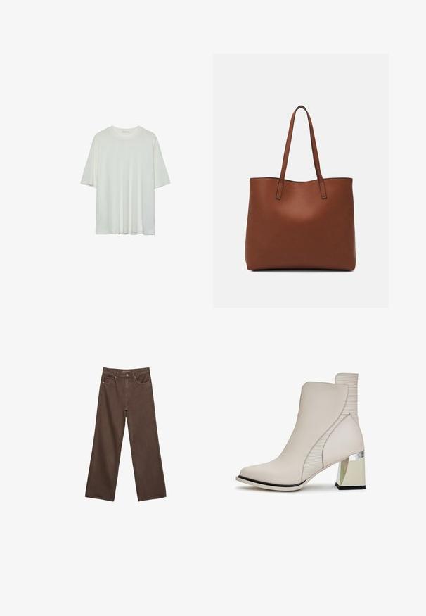 T-shirt blanc à manches courtes, col rond, en tissu doux en mélange de coton, coupe décontractée, ourlet sans couture, design minimaliste sans ornements.; Jean brown à jambes larges en denim, doté d'une taille haute, de poches avant et d'une fermeture à bouton classique. Texture lisse avec des coutures subtiles.; Bottines beiges en cuir lisse, avec des détails nervurés et un talon bloc géométrique agrémenté d'accents métalliques.; Sac fourre-tout en cuir marron avec une texture lisse, design à ouverture supérieure et deux poignées pour le porter à l'épaule. Présente des coutures minimales et aucun matériel visible.