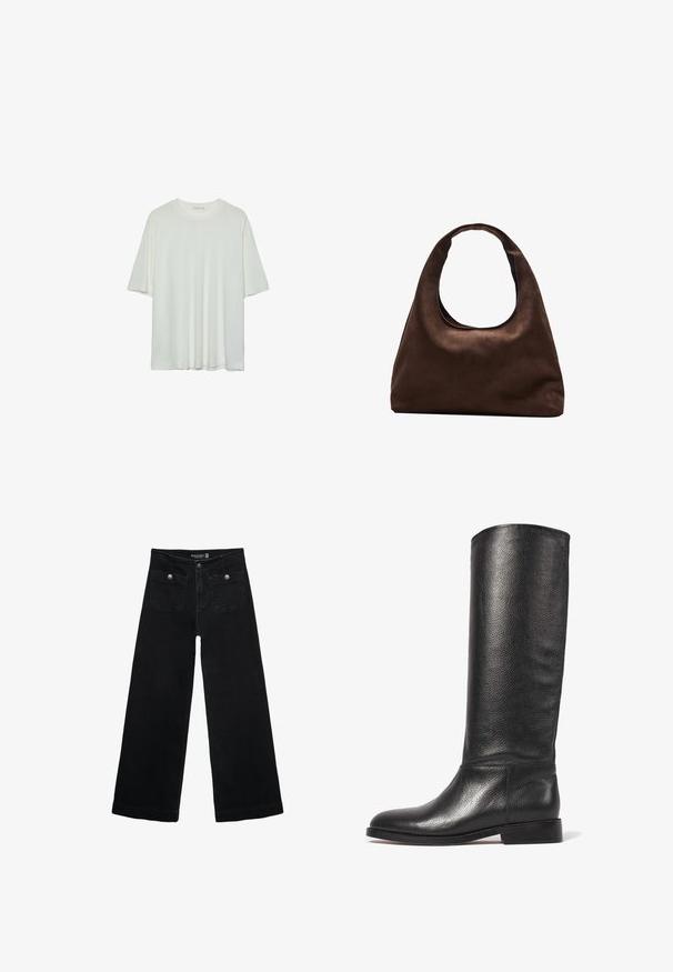 Bela majica s kratkimi rokavi, okroglo izrezana, mehka bombažna mešanica, sproščen kroj, brezšivna rob, minimalističen dizajn brez okrasnih elementov.; Črne široke kavbojke z visokim pasom, ki imajo dva sprednja žepa in kovinske gumbi. Tkanina ima gladko teksturo.; Črne usnjene čizme do kolen z teksturirano površino, okroglo konico, gladkim zgornjim delom in nizko naloženo peto. Minimalističen dizajn, brez vidnih dodatkov.; Mehakna rjava torbica v hobo stilu z enim širokim trakom in ukrivljenim odprtjem na vrhu, prikazana na beli podlagi.