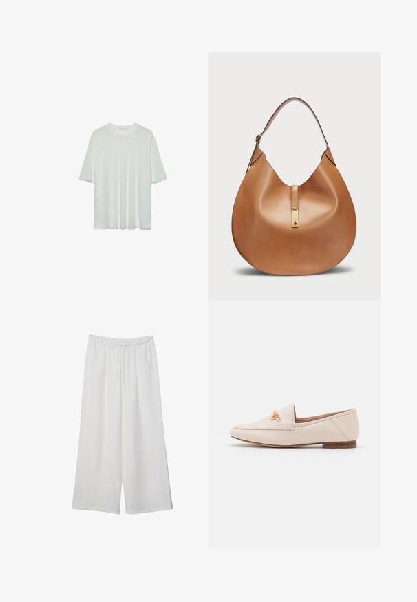Biała koszulka z krótkim rękawem, okrągły dekolt, miękka tkanina bawełniana, luźny krój, bezszwowy dół, minimalistyczny design bez zdobień.; Białe szerokie spodnie wykonane z lekkiego materiału, z elastyczną talią i sznurkiem do regulacji fasonu. Gładka tekstura.; Beżowe skórzane lordsy o smukłym designie, spiczastym nosku i złotych akcentach. Niski brązowy obcas dla stabilności i komfortu.; Torba skórzana w kolorze brązowym o zaokrąglonym kształcie i szerokim pasku na ramię. Posiada złoty metalowy akcent na środku oraz gładką fakturę.