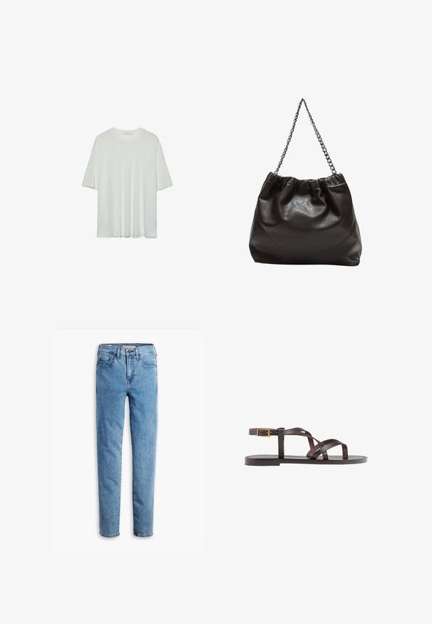 Bijela kratka t-shirtica s kratkim rukavima, okrugli izrez, mekan pamukasti materijal, opušteni kroj, bešavni rub, minimalistički dizajn bez ukrasa.; Svijetloplave traperice sa ravnim nogavicama, koje imaju pet džepova, patentni zatvarač i vidljivo šivanje za dodatne detalje.; Smeđe kožne sandale s iskrižanim trakama, umetkom za zapešće s kopčanjem i ravnim potplatom s minimalnim detaljima šivanja.; Smeđa kožna torba s naboranim vrhom i lančićem za nošenje. Glatka tekstura s sjajnim završetkom i suptilnim šavnim detaljima sa strane.