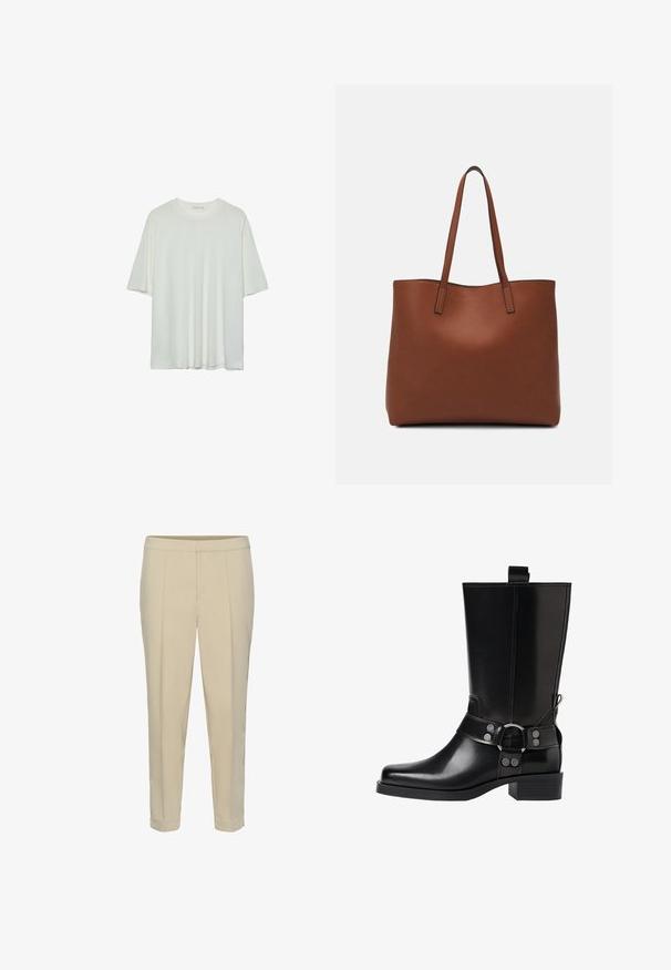 Biała koszulka z krótkim rękawem, okrągły dekolt, miękka tkanina bawełniana, luźny krój, bezszwowy dół, minimalistyczny design bez zdobień.; Beżowe dopasowane spodnie z prostymi nogawkami, z plisami z przodu i mankietami. Gładka tekstura, bez widocznych elementów metalowych ani wzorów.; Czarne skórzane buty za kolano z wydłużonym noskiem, srebrnymi akcentami w postaci klamr oraz masywnym obcasem. Posiadają pętelkę umożliwiającą łatwe zakładanie.; Brązowa skórzana torba tote o gładkiej fakturze, z otwartym wierzchem i dwoma ramiączkami. Charakteryzuje się minimalnym przeszyciem i brakiem widocznych elementów metalowych.