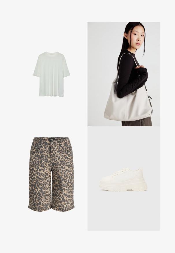 Valkoinen lyhythihainen t-paita, pyöreä pääntie, pehmeä puuvillasekoitekangas, rento malli, saumaton helma, minimalistinen muotoilu ilman koristeluja.; Shortsit, joissa on leopardi-kuvio, suora leikkaus, viisi taskua, nappikiinnitys ja merkkilogo vyötärönauhassa.; Valkoinen kangaskenkä paksulla pohjalla, pyöreällä kärjellä ja viidellä nauhakuutiolla. Takareunan vipu helpottaa pukemista. Sileä pinta, minimalistinen muotoilu.; Beige laukku, joka on valmistettu pehmeästä materiaalista, ja siinä on rento muotoilu, ommeltu yksityiskohtia ja kaksi olkahihnaa. Sopii päivittäiseen käyttöön.
