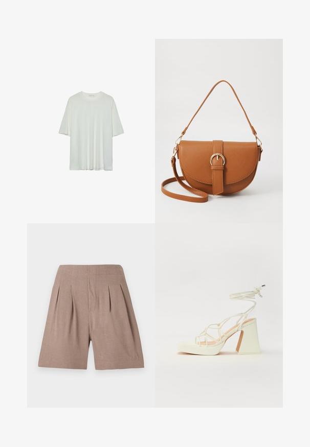 Weißes Kurzarm-T-Shirt, runder Halsausschnitt, weicher Baumwollmischstoff, lockere Passform, nahtsaum, minimalistisches Design ohne Verzierungen.; Braune, plissierte Shorts aus einem leichten Material, das eine glatte Textur und einen maßgeschneiderten Schnitt aufweist, mit einem klaren, minimalistischen Design.; Weiße High-Heel-Sandale mit einem klobigen Absatz, die über ein Riemchendesign und ein Knöchelband verfügt. Glatte Textur mit einer Plattform vorne für zusätzliche Höhe.; Braune Leder-Crossbody-Tasche mit geschwungener Form, goldfarbenen Beschlägen und einer Schnallenakzentuierung. Verfügt über einen abnehmbaren Schultergurt.