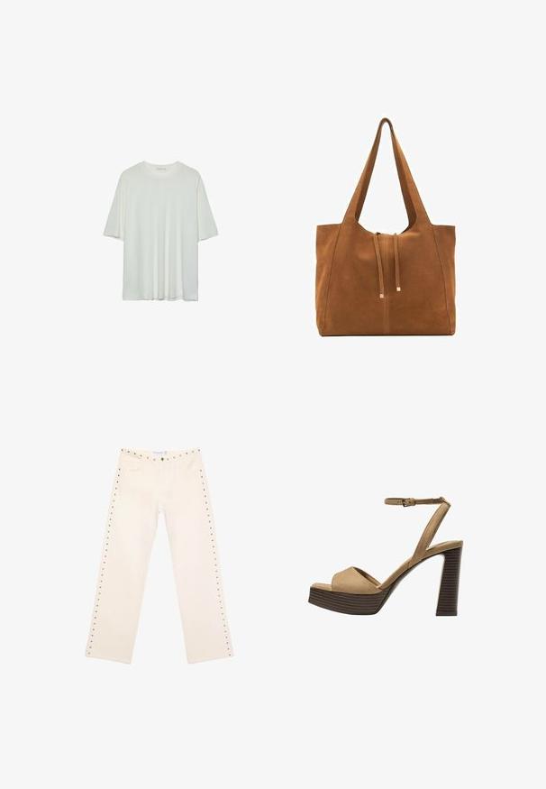 Bela majica s kratkimi rokavi, okroglo izrezana, mehka bombažna mešanica, sproščen kroj, brezšivna rob, minimalističen dizajn brez okrasnih elementov.; Široke kreme barve kavbojke iz bombaža z metalnimi žebljički ob stranskih šivih. Imajo pet žepov in zapiranje z gumbom.; Bež semiš sandali na visoki peti z širokim sprednjim trakom in trakom okoli gležnja, opremljeni z debelim lesenim blokom peto z teksturirano površino.; Rjava semiš torba z širokim odprtjem, podaljšanimi naramnicami in zapiranjem na vrvico, ki vsebuje kovinske dodatke. Gladka tekstura z minimalnimi šivi.; Stradivarius FLORAL - Verižica - beige