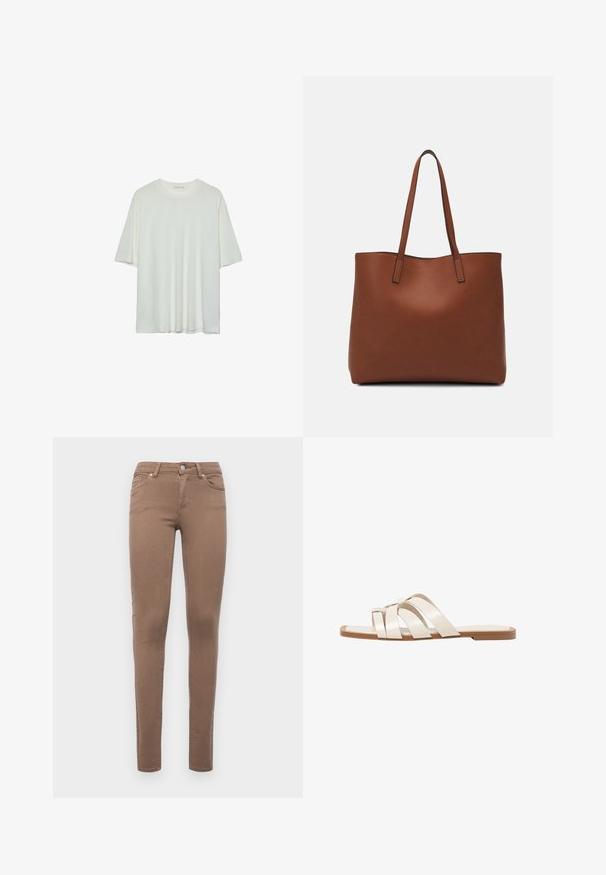 Weißes Kurzarm-T-Shirt, runder Halsausschnitt, weicher Baumwollmischstoff, lockere Passform, nahtsaum, minimalistisches Design ohne Verzierungen.; Braune schmale Jeans aus einem Baumwollmischgewebe. Verfügt über fünf Taschen, Gürtelschlaufen und einen vorderen Knopfverschluss. Glatte Textur.; Flache Sandalen mit einer honigfarbenen Gummisohle, gestaltet mit drei überlappenden weißen Lederriemen und einem kleinen Schleifendetail in der Mitte.; Braune Leder-Tote mit glatter Textur, offenem Oberteil und zwei Schulterriemen. Verfügt über minimale Nähte und keine sichtbaren Beschläge.