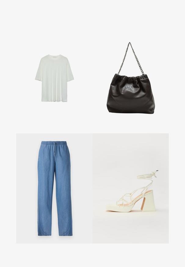 Biała koszulka z krótkim rękawem, okrągły dekolt, miękka tkanina bawełniana, luźny krój, bezszwowy dół, minimalistyczny design bez zdobień.; Jasnoniebieskie, prostokątne spodnie wykonane z denimu, z elastycznym paskiem w talii i detalem sznurka. Brak widocznych wzorów lub akcentów.; Biała sandał na wysokim obcasie z masywnym słupkiem, z paskowym wzorem i wiązaniem przy kostce. Gładka faktura z platformą z przodu dla dodatkowej wysokości.; Brązowa skórzana torba z marszczonym szczytem i łańcuszkowym paskiem. Gładka tekstura z błyszczącym wykończeniem i subtelnymi detalami szwów po bokach.