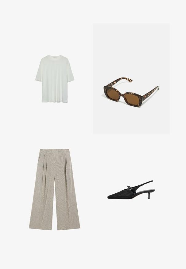 T-shirt bianco a maniche corte, colletto rotondo, tessuto misto cotone morbido, vestibilità rilassata, orlo senza cuciture, design minimalista senza decorazioni.; Pantaloni a gamba larga realizzati in un tessuto testurizzato di un grigio tenue con sottili strisce verticali, caratterizzati da pieghe in vita per un tocco di dettaglio in più.; Décolleté slingback neri con punta affusolata, parte superiore in rete testurizzata, sottile cinturino regolabile con fibbia argentata e tacco a stiletto di 5 cm.; Occhiali da sole in tartaruga con una montatura rotonda e voluminosa e lenti marroni. Presentano delicati motivi e bracci dritti e affusolati.; Borsa in pelle beige con una forma unica, caratterizzata da due manici corti e una lunga tracolla regolabile. Texture liscia con hardware minimale.