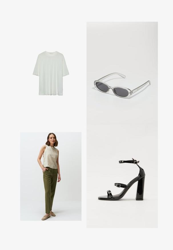 T-shirt blanc à manches courtes, col rond, en tissu doux en mélange de coton, coupe décontractée, ourlet sans couture, design minimaliste sans ornements.; Haut sans manches en lin beige avec un col rond, associé à un pantalon droit vert. Le modèle porte des chaussures à enfiler beige clair.; Sandales à talons vernies noires avec un bout carré, des sangles autour de la cheville et des boucles en argent. Dotées d'un talon bloc épais pour plus de stabilité.; Lunettes de soleil de forme ovale, monture en plastique transparent, verres gris foncé et branches transparentes fines avec des accents de logo et un minimalisme dans les détails.; Sac à main en cuir noir avec une forme courbée, bandoulière amovible et des accessoires en or. Le sac est doté d'un rabat avec un détail de boucle.