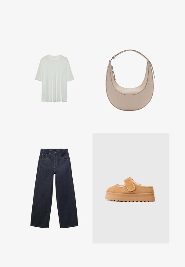 Biele tričko s krátkym rukávom, okrúhly výstrih, jemná bavlnená zmesová tkanina, voľný strih, bezšvový lem, minimalistický dizajn bez ozdôb.; Tmavomodré široké džínsy vyrobené z džínsoviny. Obsahujú zips, gombíkový uzáver a kontrastné švy pozdĺž švov.; Hnedé semišové slip-on topánky s suchým zipsom, okrúhlou špičkou a hrubou platformovou podrážkou s texturovaným gumovým vzorom.; Béžová kožená taška cez rameno s polkruhovým tvarom, hladkou textúrou a jedným zakriveným uchom. Obsahuje zipsové uzatváranie a úhľadné švy.