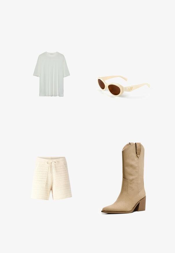 Bela majica s kratkimi rokavi, okroglo izrezana, mehka bombažna mešanica, sproščen kroj, brezšivna rob, minimalističen dizajn brez okrasnih elementov.; Kremne pletene kratke hlače z teksturirano, odprto tkanino. Imajo elastičen pas z vrvico in dva sprednja žepa. Ohlapen dizajn, srednje dolga dolžina.; Bershka HIGH-HEEL - Škornji v kavbojskem/motorističnem slogu - beige; Sončna očala s kremasto bež plastičnim okvirjem, ovalnimi lečami v rjavi barvi in z zlatim napisom "L37" na sencniku, ki se ponašajo z elegantnim dizajnom.
