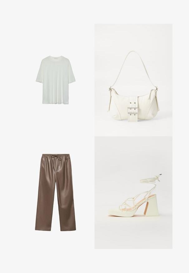 Biele tričko s krátkym rukávom, okrúhly výstrih, jemná bavlnená zmesová tkanina, voľný strih, bezšvový lem, minimalistický dizajn bez ozdôb.; Hnedé nohavice širokého strihu z umelého koženého materiálu s elastickým pásom, ktorý má šnúrku na stiahnutie, a hladkým povrchom po celej ploche.; Biele sandále na vysokom opätku s hrubým podpätkom, s pruhovaným dizajnom a viazaním na členku. Hladký povrch s platformou vpredu pre zvýšenú výšku.; Biela taška cez rameno s textúrovaným povrchom, centrálnou prackou a zakriveným tvarom. Zipsy na oboch stranách.