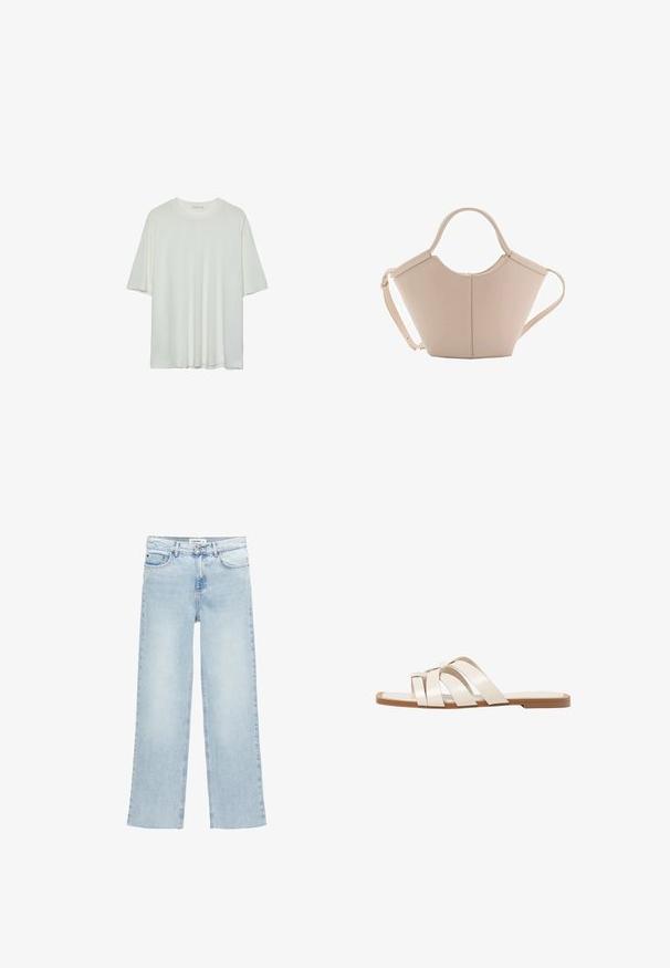 Witte t-shirt met korte mouwen, ronde halslijn, zacht katoenmix stof, relaxte pasvorm, naadloze zoom, minimalistisch ontwerp zonder versieringen.; Lichtblauwe wijde jeans van denim met een hoge taille, vijf zakken en een knoopsluiting. Heeft een minimale stikselafwerking.; Vlakke sandalen met een tan rubberen zool, ontworpen met drie overlappende witte leren banden en een kleine strikdetail in het midden.; Beige leren handtas met een unieke vorm, voorzien van twee korte handvatten en een lange verstelbare schouderriem. Glad oppervlak met minimale hardware.