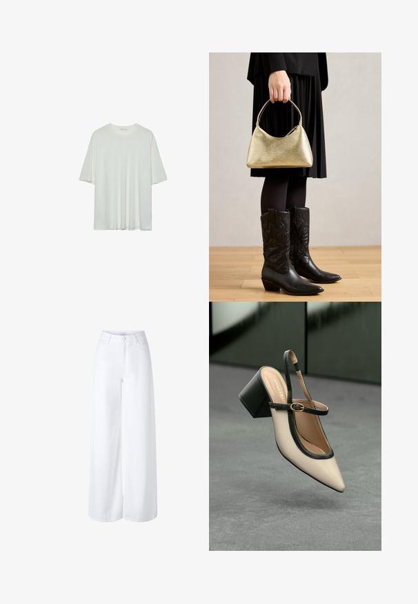 Bela majica s kratkimi rokavi, okroglo izrezana, mehka bombažna mešanica, sproščen kroj, brezšivna rob, minimalističen dizajn brez okrasnih elementov.; Široke bele kavbojke iz denima, ki imajo visok pas, sprednje žepe in klasičen pet-žepni dizajn z zadrgo.; Bežna slingback čevlja z uskim sprednjim delom, črnimi detajli, zlatim zaponko in debelim blokovskim peto na sivi tleh s temno zeleno ozadje.; Zlati torbica z strukturo in ukrivljeno obliko ter kratko ročico, jo drži oseba v črnem nabranem krilu in črnih usnjenih kavbojkah.