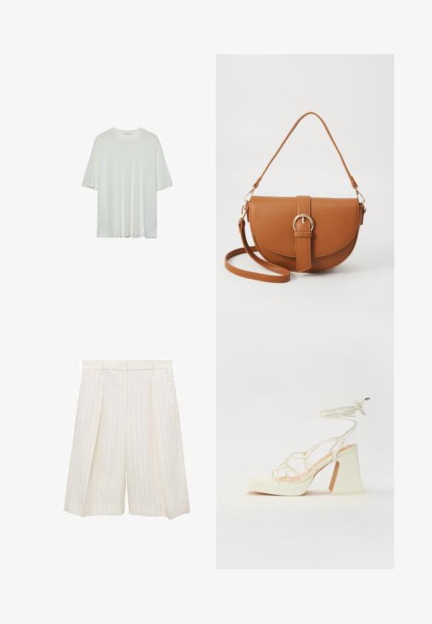 T-shirt blanc à manches courtes, col rond, en tissu doux en mélange de coton, coupe décontractée, ourlet sans couture, design minimaliste sans ornements.; Shorts crème à rayures étroites avec une finition plissée à l'avant, poches latérales et une silhouette ajustée. Fabriqués à partir d'un tissu léger, adaptés aux temps chauds.; Sandale blanche à talons hauts avec un talon épais, présentant un design à lanières et un lien autour de la cheville. Texture lisse avec une plateforme à l'avant pour une hauteur supplémentaire.; Sac bandoulière en cuir marron avec une forme incurvée, quincaillerie dorée et un accent en boucle. Comprend une bandoulière détachable.