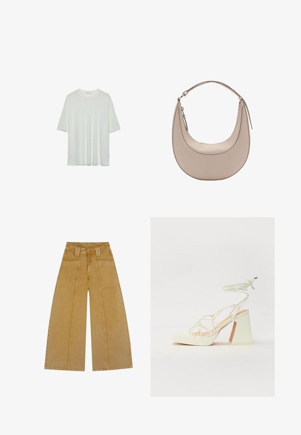 Bílý krátký rukáv tričko, kulatý výstřih, měkká kombinace bavlny, uvolněný střih, bezšvový lem, minimalistický design bez zdobení.; Široké kalhoty v světlém hořčicovém odstínu, vyrobené z denimu s hladkou texturou. Mají dvě přední kapsy a zapínání na knoflík.; Bílé sandály na vysokém podpatku s robustním podpatkem, s designem s pásky a zavazováním kolem kotníku. Hladký povrch s platformou vpředu pro zvýšení výšky.; Světle béžová kožená kabelka přes rameno s půlměsíčovým tvarem, hladkým povrchem a jedním zakřiveným uchopem. Obsahuje zipový uzávěr a upravené švy.