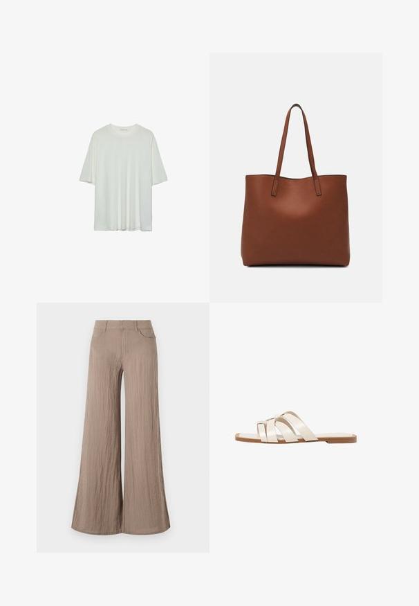 T-shirt blanc à manches courtes, col rond, en tissu doux en mélange de coton, coupe décontractée, ourlet sans couture, design minimaliste sans ornements.; Pantalon large beige clair avec une finition texturée, présentant une taille haute, des poches avant et une silhouette fluide et ample.; Sandales plates avec une semelle en caoutchouc beige, conçues avec trois brides en cuir blanc se chevauchant et un petit nœud au centre.; Sac fourre-tout en cuir marron avec une texture lisse, design à ouverture supérieure et deux poignées pour le porter à l'épaule. Présente des coutures minimales et aucun matériel visible.