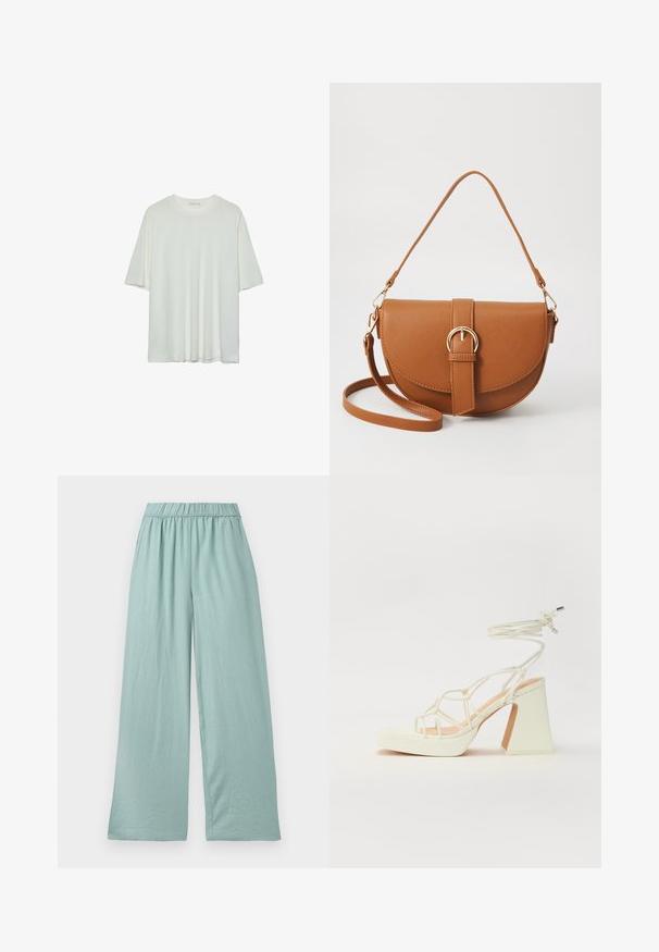 Bijela kratka t-shirtica s kratkim rukavima, okrugli izrez, mekan pamukasti materijal, opušteni kroj, bešavni rub, minimalistički dizajn bez ukrasa.; Svijetlozelene široke hlače od mekanog materijala, s elastičnom gumom u struku i suptilnom teksturom, dizajnirane za udobnost i lakoću kretanja.; Bijela sandala na visokoj potpetici s debelim petom, s remenom i vezanjem oko gležnja. Glatka tekstura s platformom sprijeda za dodatnu visinu.; Smeđa kožna torba preko tijela s zakrivljenim oblikom, zlatnim metalnim detaljima i naglaskom na kopču. Ima odvojivu naramenicu.