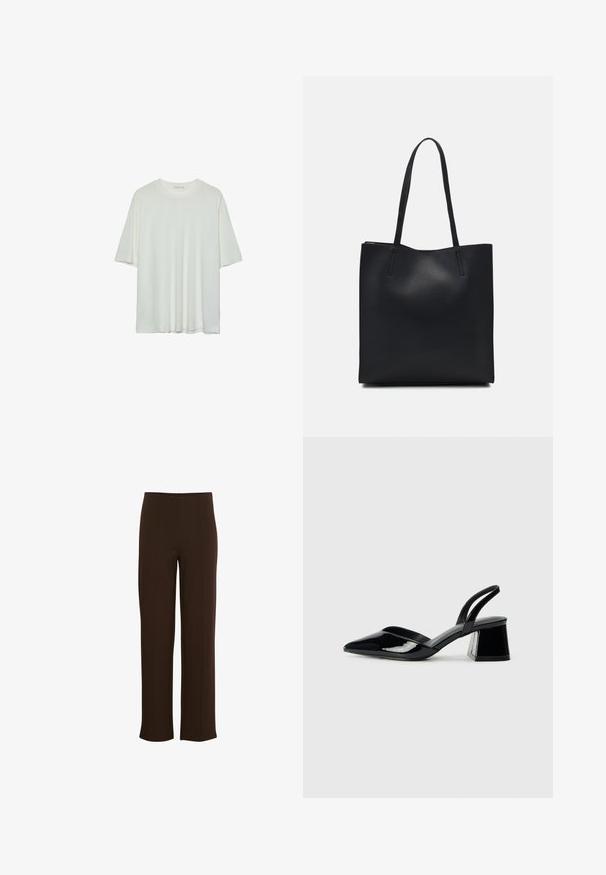 Hvid kortærmet t-shirt, rund halsudskæring, blød bomuldsblanding, afslappet pasform, sømløs kant, minimalistisk design uden udsmykninger.; Brune, vide benbukser lavet af et blødt, strækbart materiale. Har vertikale sømme og en ren talje, der giver et skræddersyet udseende.; Sorte patentlæder slingback hæle med spids tå og en geometrisk blok hæl. Har et elegant, minimalistisk design og en glat tekstur.; Sort læder tote taske med glat tekstur, rektangulær form og to lange hanke. Ingen synlig hardware eller udsmykninger.