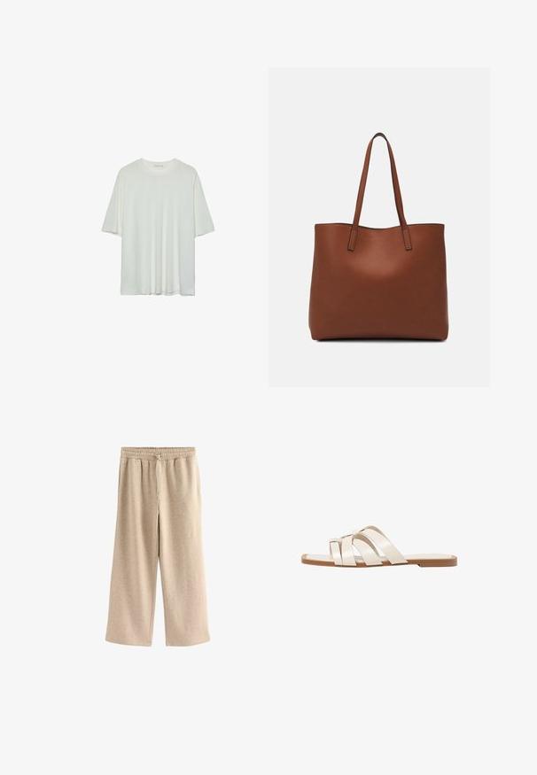 White short-sleeve t-shirt, round neckline, soft cotton blend fabric, relaxed fit, seamless hem, minimalistic design without embellishments.; Cream-colored wide-leg pants made of soft cotton blend fabric. Features an elastic waistband with drawstring and subtle speckled texture.; Flat sandals with a tan rubber sole, designed with three overlapping white leather straps and a small bow detail at the center.; Brown leather tote bag with a smooth texture, open top design, and two shoulder straps. Features minimal stitching and no visible hardware.