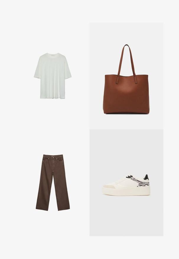 Valkoinen lyhythihainen t-paita, pyöreä pääntie, pehmeä puuvillasekoitekangas, rento malli, saumaton helma, minimalistinen muotoilu ilman koristeluja.; Leviittävät ruskeat farkut, jotka on valmistettu denimistä, korkea vyötärö, etutaskut ja klassinen nappikiinnitys. Silkkinen pinta hienovaraisella ompelutyöllä.; Even&Odd Matalavartiset tennarit - white/black; Ruskea nahkainen olkalaukku, jossa on sileä pinta, avoin yläosa ja kaksi olkahihnaa. Omaavat vain minimaalisen ompelun eikä näkyvää metalliosaa.