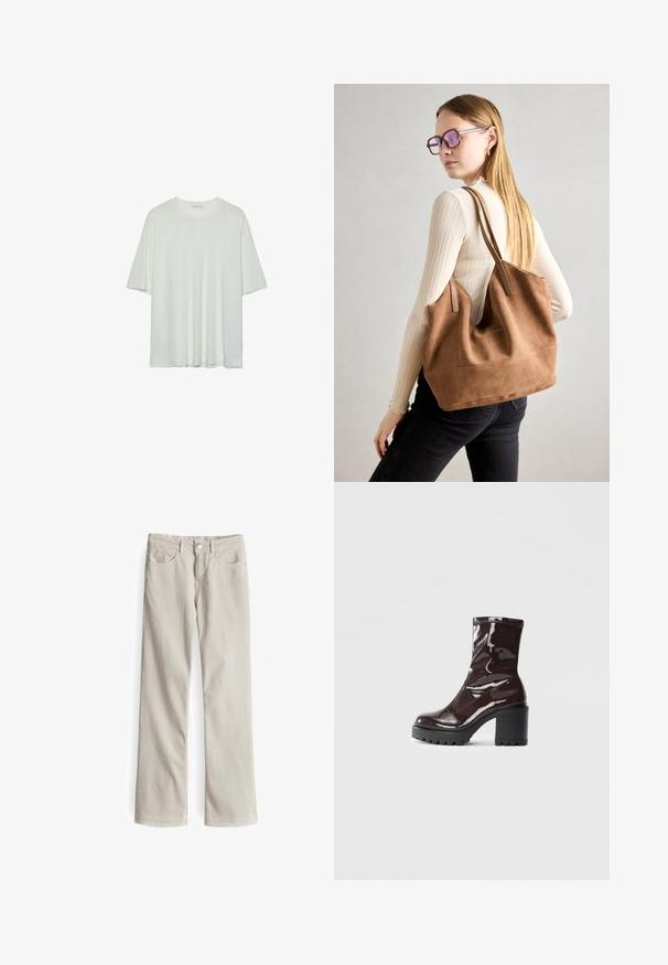 Weißes Kurzarm-T-Shirt, runder Halsausschnitt, weicher Baumwollmischstoff, lockere Passform, nahtsaum, minimalistisches Design ohne Verzierungen.; Beige gerade geschnittene Jeans aus einem Baumwollmischgewebe. Verfügt über fünf Taschen, eine vordere Knopfverschluss und dezente Nähte.; Glatte bordeauxrote Ankle Boots mit einem klobigen schwarzen Absatz, die eine glatte Oberfläche und ein einfaches Design aufweisen. Keine sichtbaren Verschlüsse oder Muster.; Braune Wildleder-Tasche mit weicher Textur, großer Öffnung und langen Trägern. Sie verfügt über ein simples Design mit sichtbarem Stich und ohne Beschläge.