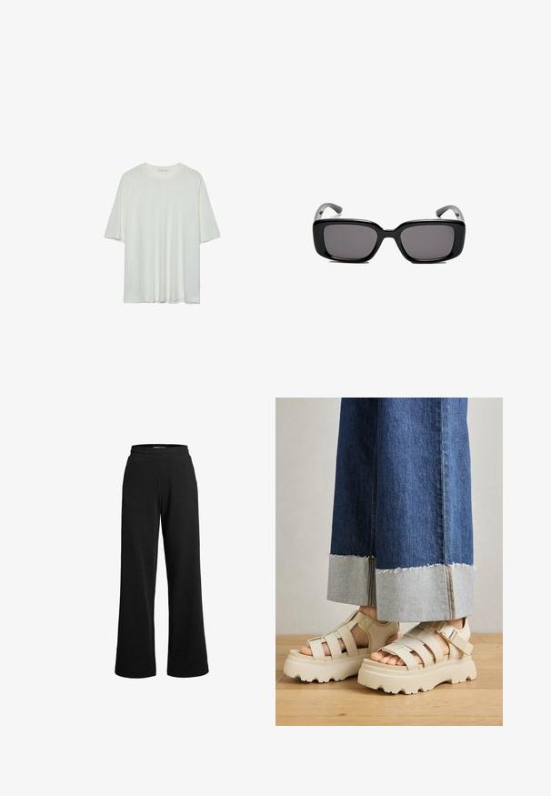 Biele tričko s krátkym rukávom, okrúhly výstrih, jemná bavlnená zmesová tkanina, voľný strih, bezšvový lem, minimalistický dizajn bez ozdôb.; Čierne teplákové nohavice s voľným strihom, vyrobené z mäkkého materiálu. Obsahujú elastický pás a minimalizované švy pre maximálne pohodlie.; Béžové platformové sandále s hrubými podrážkami majú pruhovaný dizajn a nastaviteľné popruhy okolo členka. Nosené sú s džínsovými nohavicami s širokými nohavicami, pri ktorých je jeden lem rozstrapkaný.; Čierne obdĺžnikové slnečné okuliare s tmavými sklami, hladkým plastovým rámom a zakrivenými stranami. Dizajn je robustný s minimalistickou estetikou.