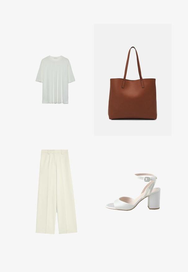 Biała koszulka z krótkim rękawem, okrągły dekolt, miękka tkanina bawełniana, luźny krój, bezszwowy dół, minimalistyczny design bez zdobień.; Spodnie o szerokich nogawkach w kolorze off-white, charakteryzujące się gładką fakturą, przednimi zakładkami oraz prostym krojem od talii do dołu.; Białe sandały na wysokim obcasie z błyszczącą satynową cholewką, szerokim obcasem w postaci kwiatu i paskiem wokół kostki z małą klamrą. Gładka w fakturze, minimalistyczny design.; Brązowa skórzana torba tote o gładkiej fakturze, z otwartym wierzchem i dwoma ramiączkami. Charakteryzuje się minimalnym przeszyciem i brakiem widocznych elementów metalowych.; Stradivarius - Naszyjnik