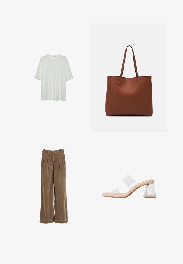 Hvid kortærmet t-shirt, rund halsudskæring, blød bomuldsblanding, afslappet pasform, sømløs kant, minimalistisk design uden udsmykninger.; Brune corduroy bukser med vide ben, for-pletter, en knaplukning og et struktureret stof. Har en høj talje og lige ben.; Gennemsigtige hæle-sandaler med to klare remme, en beige bund og en geometrisk klar blokhæl. Minimalistisk design med glat overflade.; Brun læder tote taske med en glat overflade, åben topdesign og to skulderremme. Har minimal syning og ingen synlig hardware.